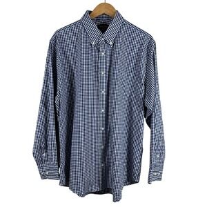 Nordstrom Men's Button Down Shirt Blue Gingham Cotton Non-Iron Size 17.5 34/35